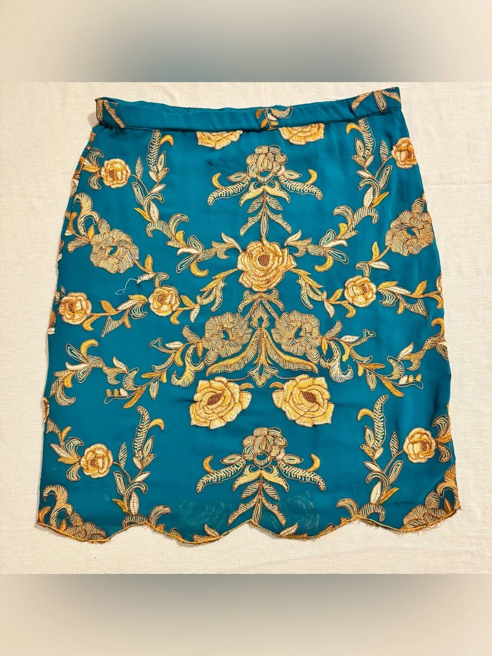 Yoana Baraschi Teal Skirt with Gold Floral Embroidery Size 6
